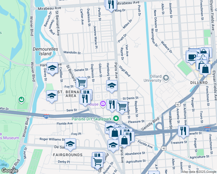 map of restaurants, bars, coffee shops, grocery stores, and more near 3836 Hamburg Street in New Orleans