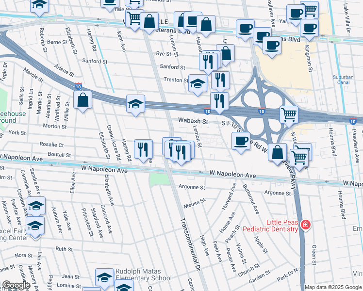 map of restaurants, bars, coffee shops, grocery stores, and more near 4960 York Street in Metairie