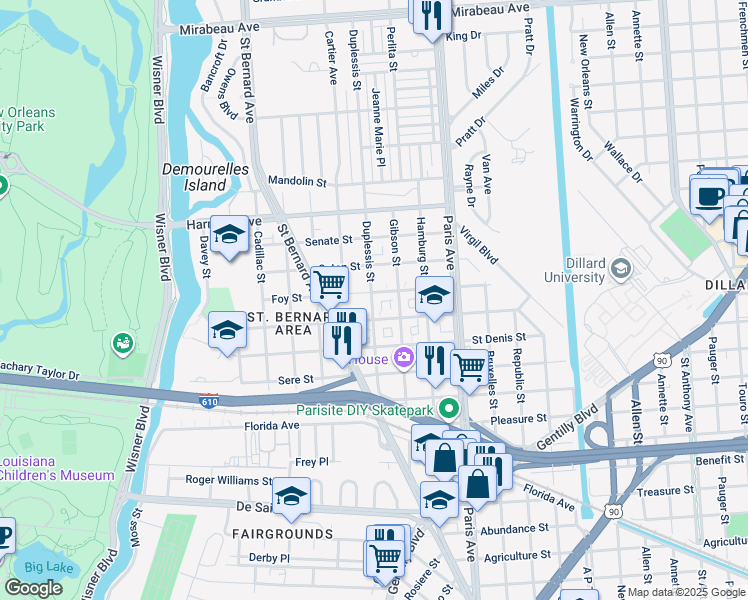 map of restaurants, bars, coffee shops, grocery stores, and more near 3851 Duplessis Street in New Orleans