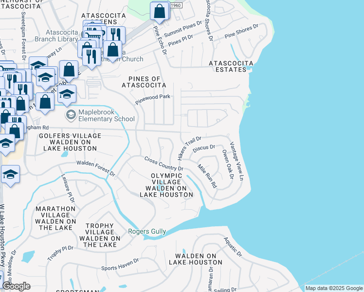 map of restaurants, bars, coffee shops, grocery stores, and more near 19203 Nehoc Lane in Humble