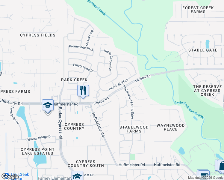 map of restaurants, bars, coffee shops, grocery stores, and more near 16123 Peach Bluff Lane in Cypress