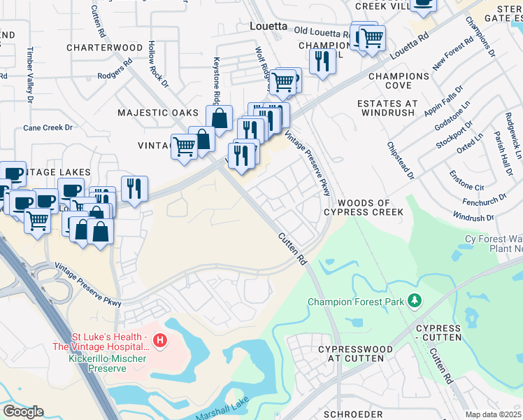 map of restaurants, bars, coffee shops, grocery stores, and more near 15508 Cutten Road in Houston