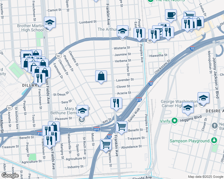 map of restaurants, bars, coffee shops, grocery stores, and more near 2601 Clover Street in New Orleans