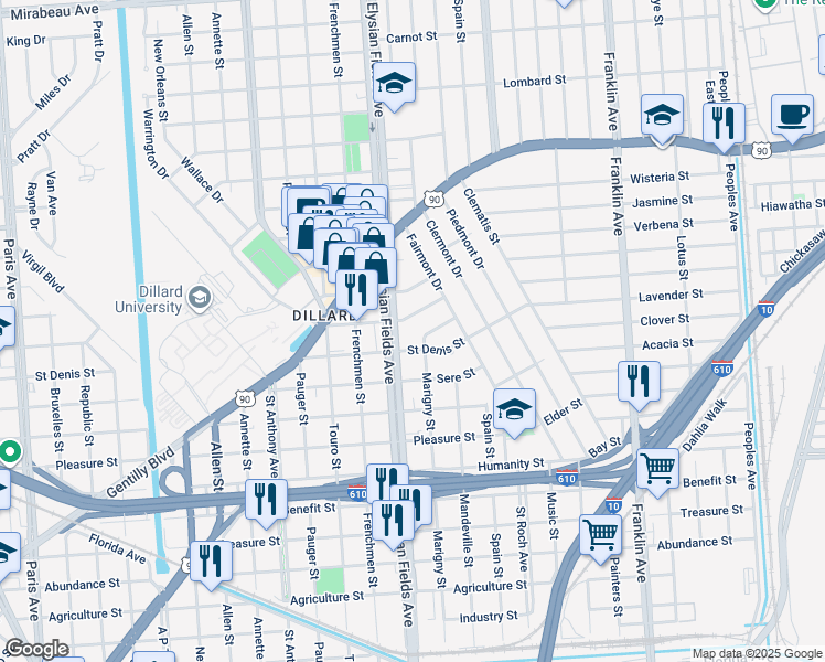 map of restaurants, bars, coffee shops, grocery stores, and more near 3801 Elysian Fields Avenue in New Orleans