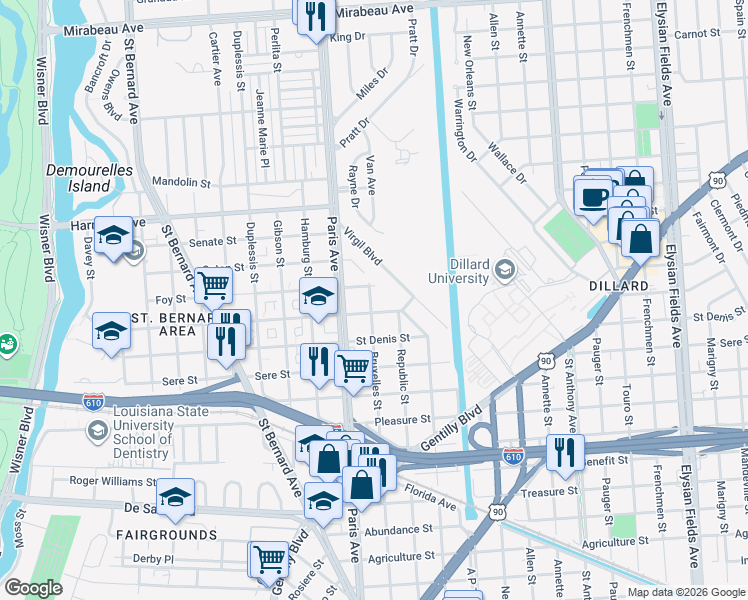 map of restaurants, bars, coffee shops, grocery stores, and more near 3831 Bruxelles Street in New Orleans
