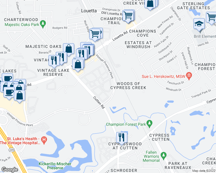 map of restaurants, bars, coffee shops, grocery stores, and more near 15255 Vintage Preserve Parkway in Houston