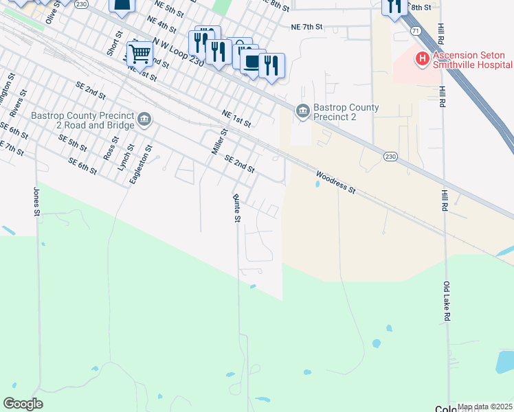 map of restaurants, bars, coffee shops, grocery stores, and more near 301 Anderson Street in Smithville