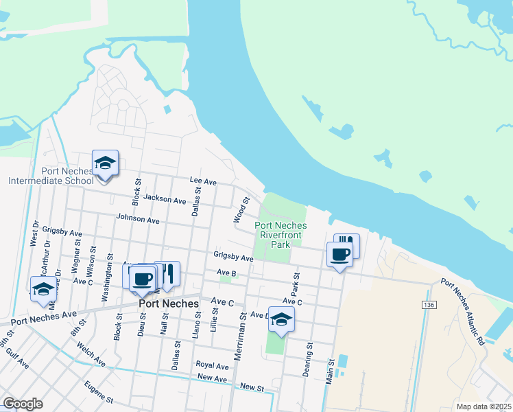 map of restaurants, bars, coffee shops, grocery stores, and more near 702 Merriman Street in Port Neches