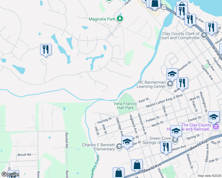 map of restaurants, bars, coffee shops, grocery stores, and more near 1618 Pebble Beach Boulevard in Green Cove Springs