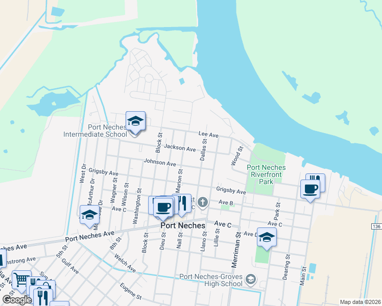 map of restaurants, bars, coffee shops, grocery stores, and more near 730 Marion Street in Port Neches
