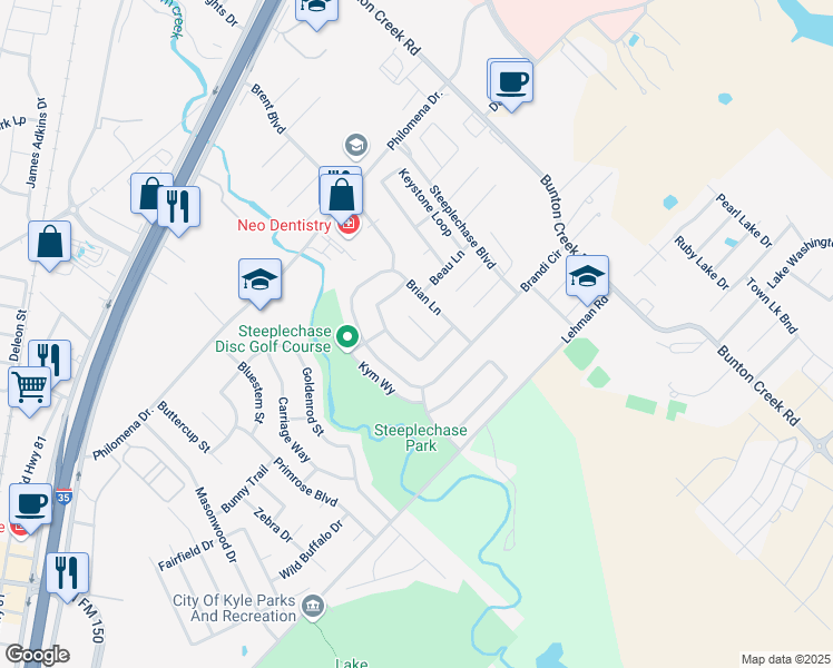 map of restaurants, bars, coffee shops, grocery stores, and more near 161 Stephen Court in Kyle