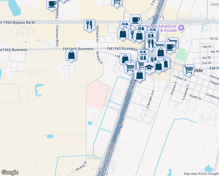 map of restaurants, bars, coffee shops, grocery stores, and more near 18955 West Memorial Drive in Humble