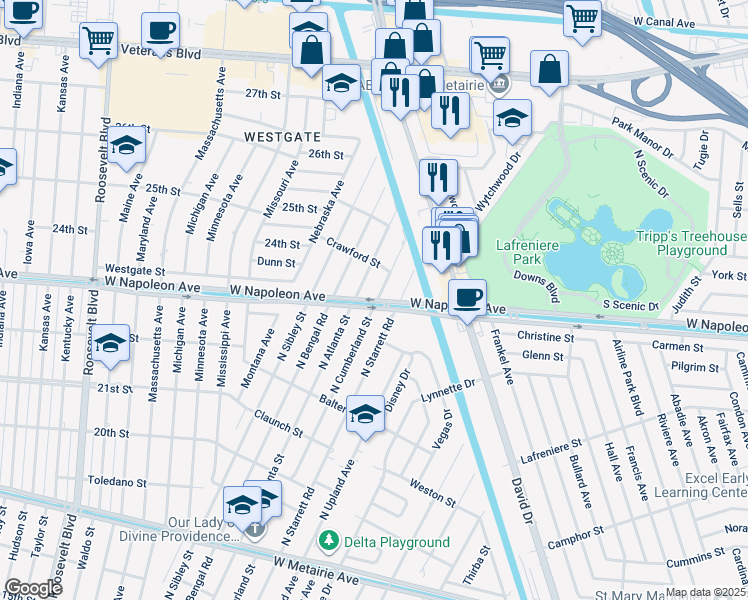 map of restaurants, bars, coffee shops, grocery stores, and more near 8533 W Napoleon Ave in Metairie