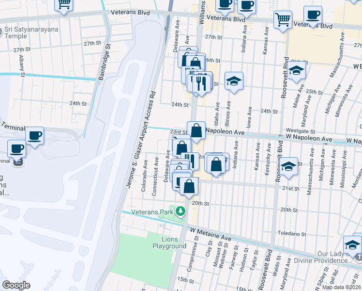 map of restaurants, bars, coffee shops, grocery stores, and more near 2230 Delaware Avenue in Kenner