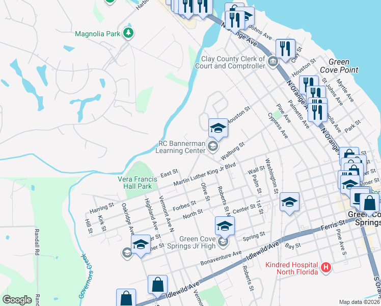 map of restaurants, bars, coffee shops, grocery stores, and more near 705 Mill Street in Green Cove Springs
