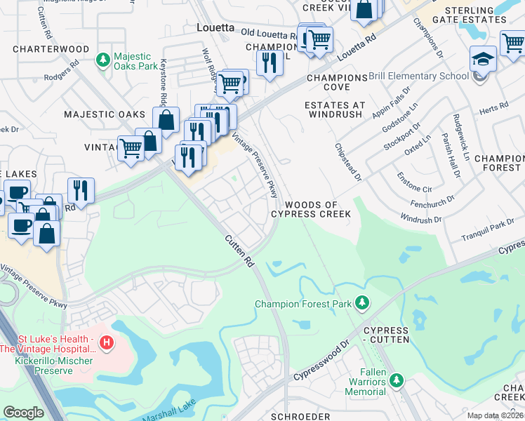 map of restaurants, bars, coffee shops, grocery stores, and more near 15255 Vintage Preserve Parkway in Houston