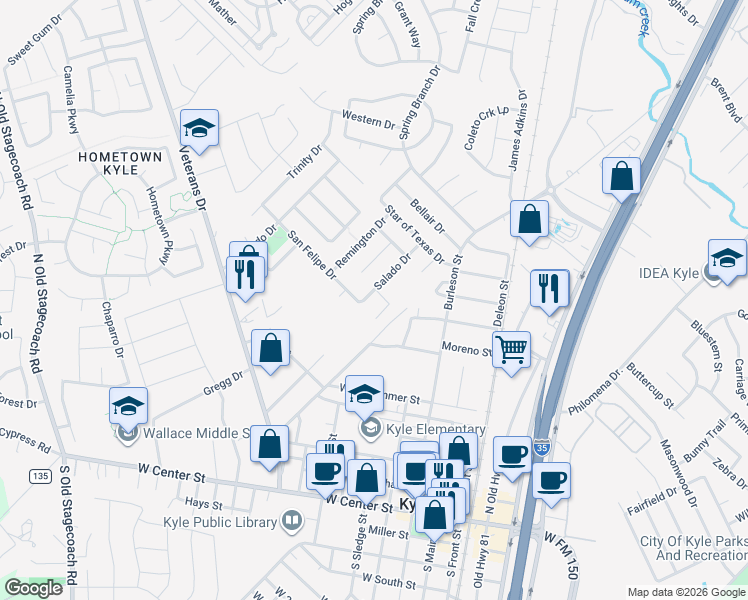 map of restaurants, bars, coffee shops, grocery stores, and more near 247 San Felipe Drive in Kyle