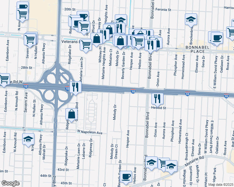 map of restaurants, bars, coffee shops, grocery stores, and more near 545 Melody Drive in Metairie
