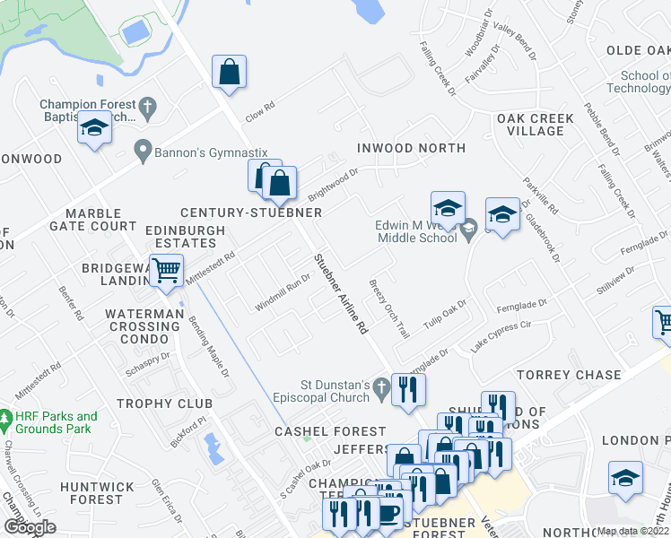 map of restaurants, bars, coffee shops, grocery stores, and more near 4407 Windmill Run Drive in Houston