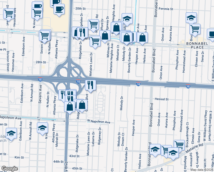 map of restaurants, bars, coffee shops, grocery stores, and more near 100 North Gatehouse Drive in Metairie