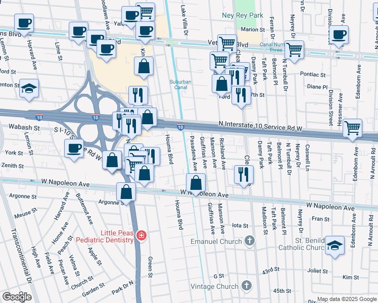 map of restaurants, bars, coffee shops, grocery stores, and more near 1916 Manson Avenue in Metairie