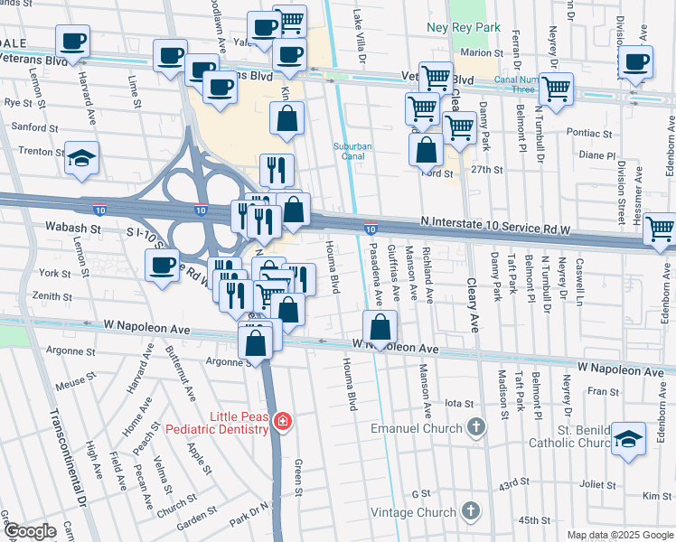 map of restaurants, bars, coffee shops, grocery stores, and more near 4312 Belvedere Street in Metairie