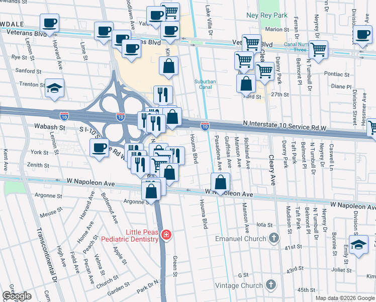 map of restaurants, bars, coffee shops, grocery stores, and more near 4312 Belvedere Street in Metairie