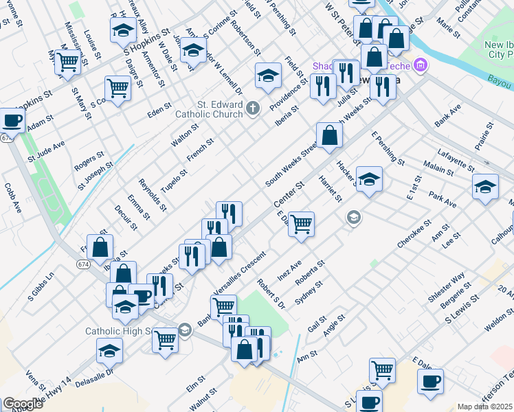 map of restaurants, bars, coffee shops, grocery stores, and more near 322 E Dale St in New Iberia