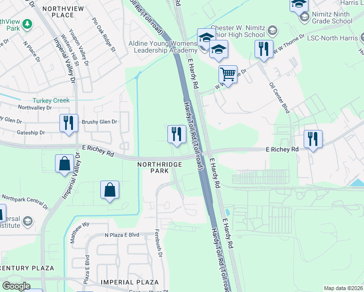 map of restaurants, bars, coffee shops, grocery stores, and more near 19463 Estrella in Houston