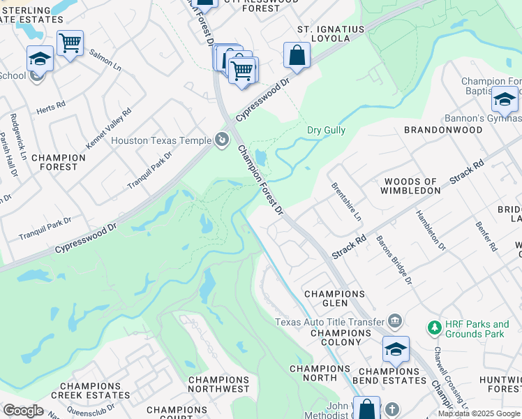 map of restaurants, bars, coffee shops, grocery stores, and more near 83 Champion Villa Drive in Houston