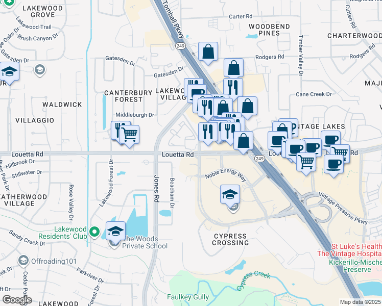map of restaurants, bars, coffee shops, grocery stores, and more near 11100 Louetta Road in Houston