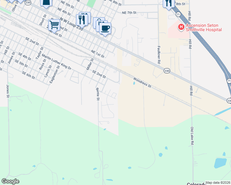 map of restaurants, bars, coffee shops, grocery stores, and more near 300 Pendergrass Street in Smithville