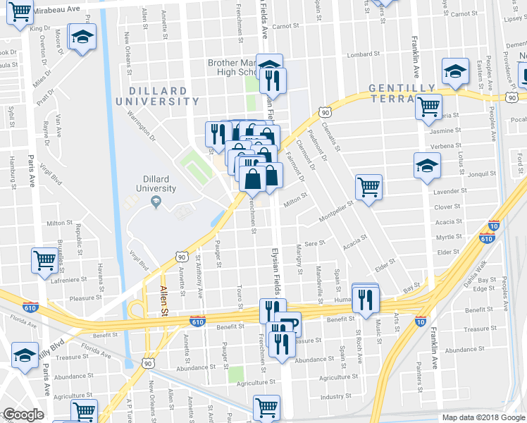 map of restaurants, bars, coffee shops, grocery stores, and more near 2164 Milton St in New Orleans