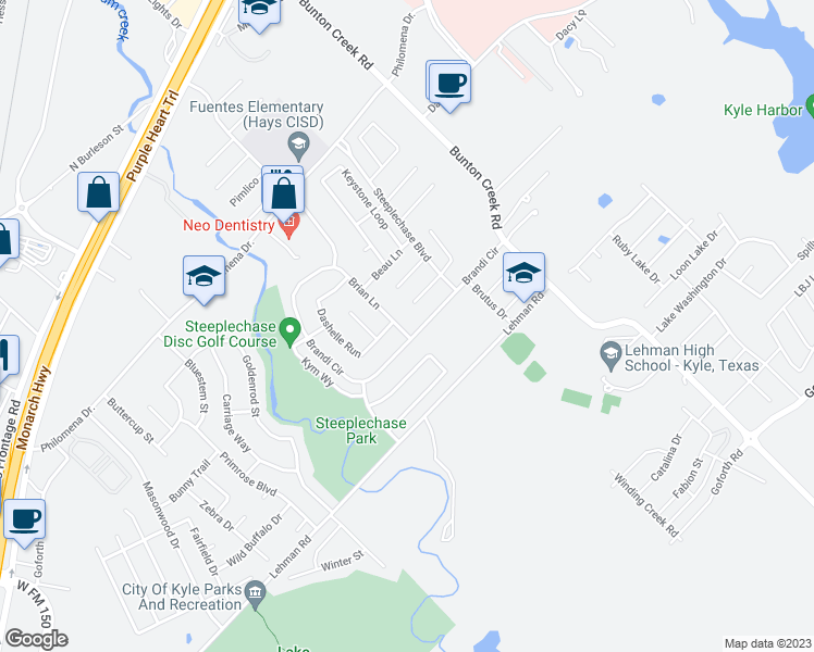 map of restaurants, bars, coffee shops, grocery stores, and more near 110 Brian Lane in Kyle