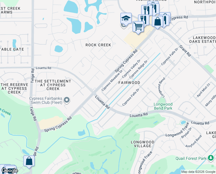 map of restaurants, bars, coffee shops, grocery stores, and more near 14711 Cypress Meadow Drive in Cypress