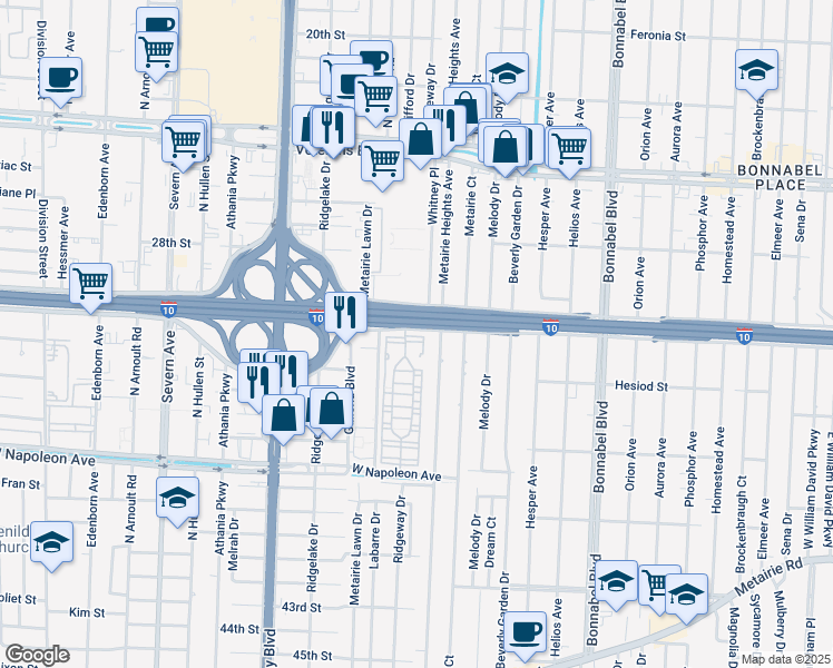 map of restaurants, bars, coffee shops, grocery stores, and more near 100 North Gatehouse Drive in Metairie