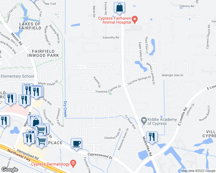 map of restaurants, bars, coffee shops, grocery stores, and more near 15315 Paxton Landing Lane in Cypress