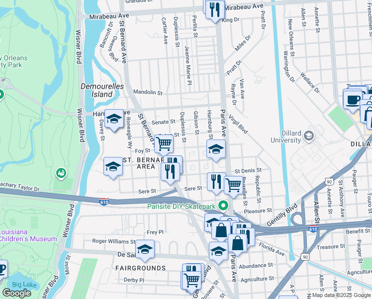 map of restaurants, bars, coffee shops, grocery stores, and more near 3855 Duplessis Street in New Orleans