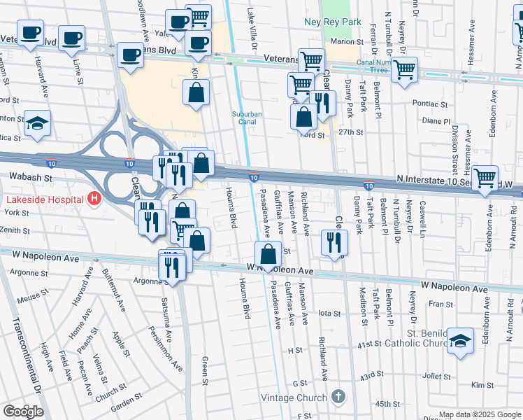 map of restaurants, bars, coffee shops, grocery stores, and more near 2416 Pasadena Avenue in Metairie