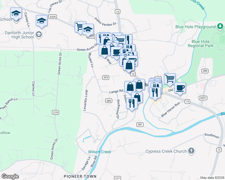 map of restaurants, bars, coffee shops, grocery stores, and more near 301 Lange Road in Wimberley