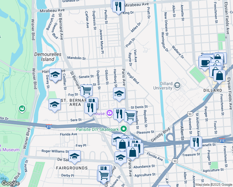 map of restaurants, bars, coffee shops, grocery stores, and more near 3850 Hamburg Street in New Orleans