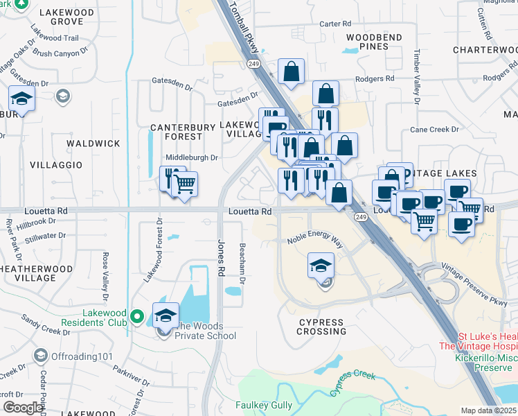 map of restaurants, bars, coffee shops, grocery stores, and more near 11200 Louetta Road in Houston