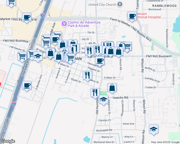 map of restaurants, bars, coffee shops, grocery stores, and more near 802 Higgins Street in Humble