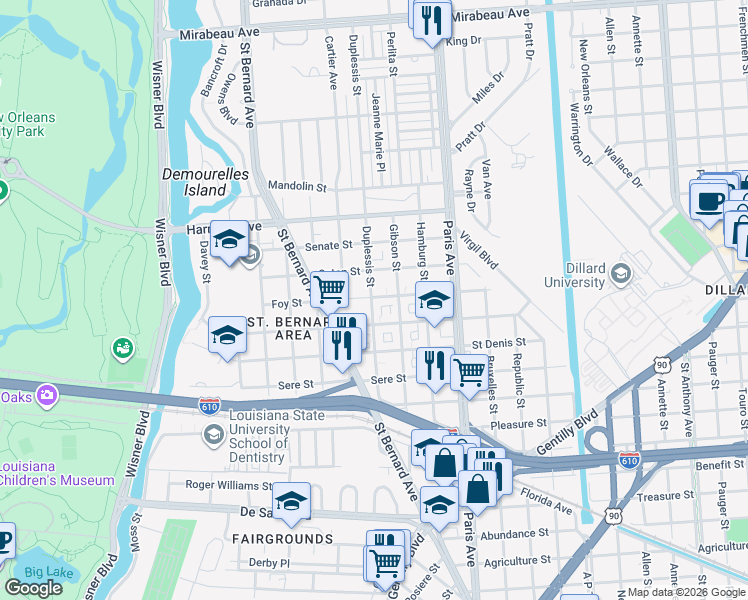 map of restaurants, bars, coffee shops, grocery stores, and more near 3857 Duplessis Street in New Orleans