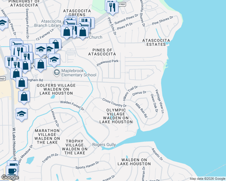 map of restaurants, bars, coffee shops, grocery stores, and more near 19143 Baton Pass in Humble