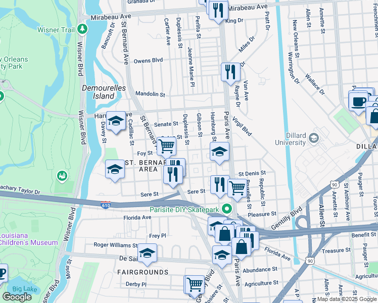 map of restaurants, bars, coffee shops, grocery stores, and more near 3857 Duplessis Street in New Orleans