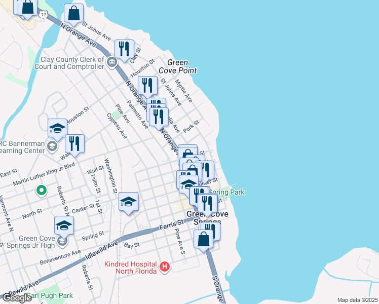 map of restaurants, bars, coffee shops, grocery stores, and more near 401 Magnolia Avenue North in Green Cove Springs