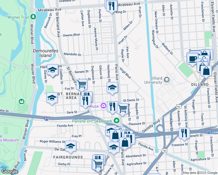 map of restaurants, bars, coffee shops, grocery stores, and more near 3852 Hamburg Street in New Orleans