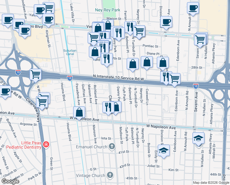map of restaurants, bars, coffee shops, grocery stores, and more near 3900 South I-10 Service Road West in Metairie