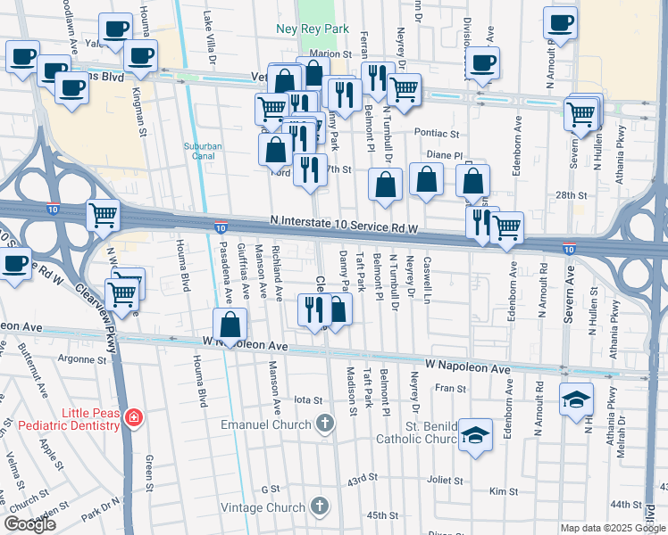 map of restaurants, bars, coffee shops, grocery stores, and more near 3900 South I-10 Service Road West in Metairie